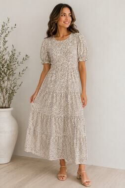 Prettygarden Leopard Print Tiered Midi Dress Puff Sleeve Cream Brown Size Medium